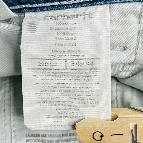 Carhartt Fire Resistant Carpenter Jeans Mens 34 Blue Workwear‎ Stained Rigid - Picture 9 of 11